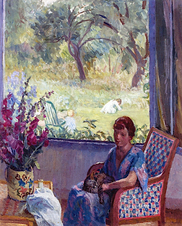 Seated Woman with Cat, vintage artwork by Anna Wood Brown, 12x8" (A4) Poster