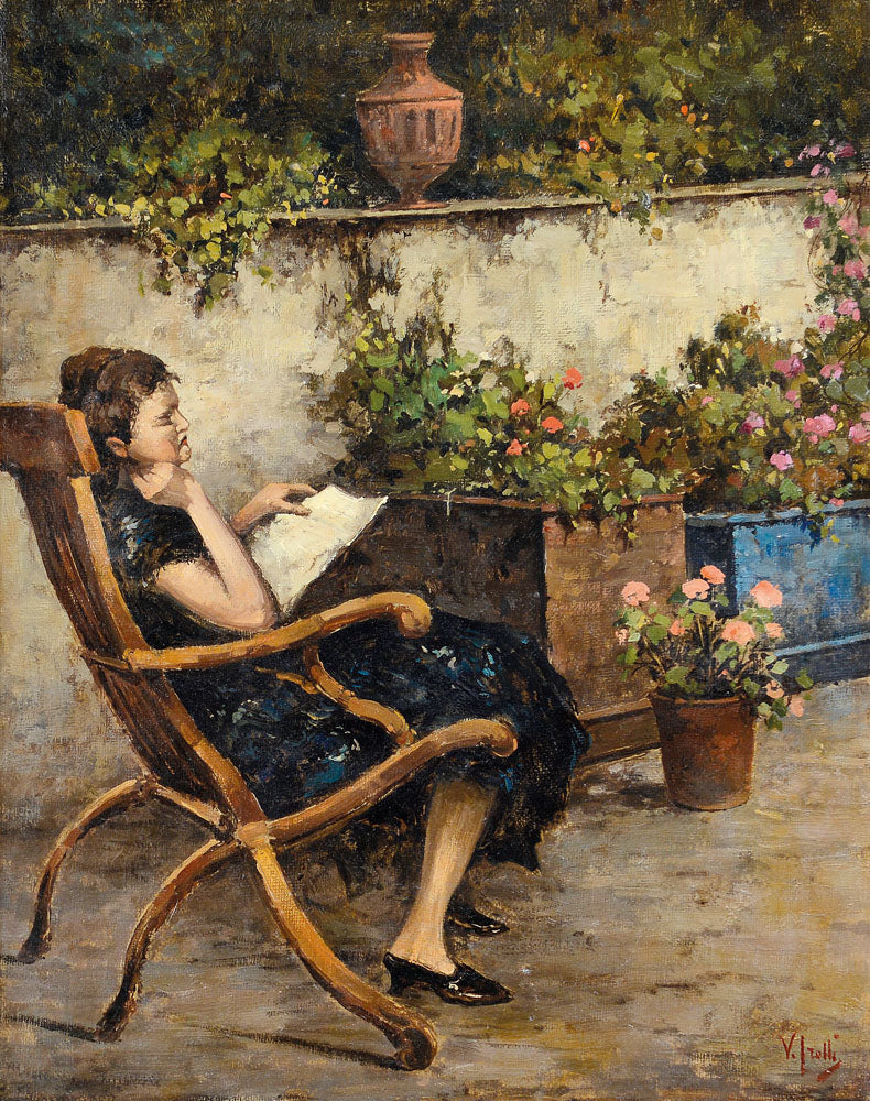 Reading in the Garden, vintage artwork by Vincenzo Irolli, 12x8" (A4) Poster