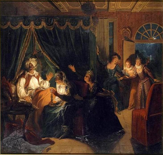 Story of Don Quixote - Donna Rodriquez Is Surprized with Don Quixote by  the Duchess’ Maids, vintage artwork by Charles-Antoine Coypel IV, 12x8" (A4) Poster