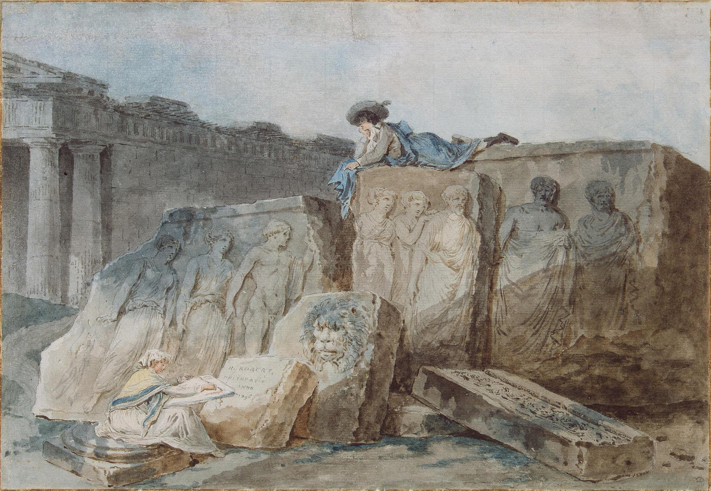 An Artist amongst the Ancient Ruins, vintage artwork by Hubert Robert, 12x8" (A4) Poster