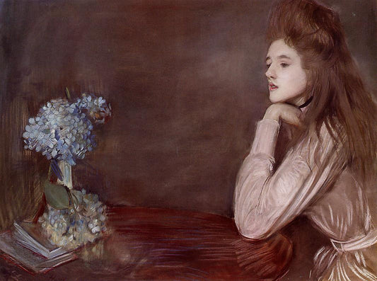 The Lioness with Blue Hydrangeas, vintage artwork by Paul Cesar Helleu, 12x8" (A4) Poster