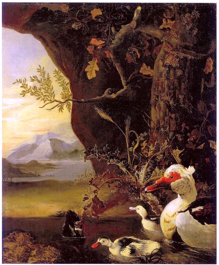 Mountainous landscape with ducks, vintage artwork by Adriaen Coorte, 12x8" (A4) Poster