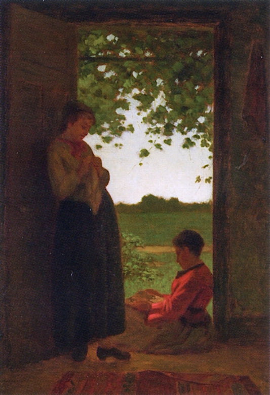 Landscape with Two Women at Door, vintage artwork by William Penn Morgan, 12x8" (A4) Poster