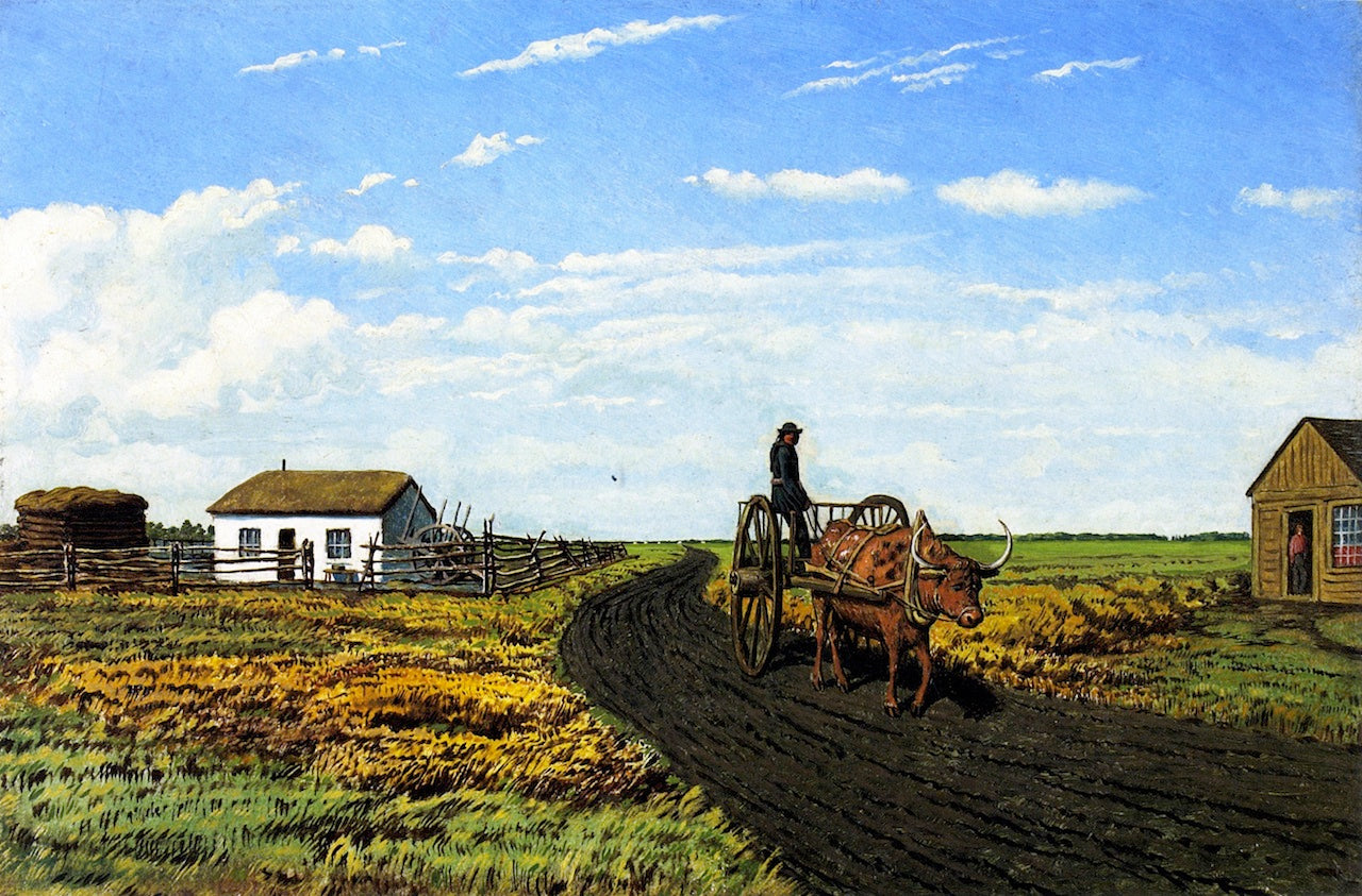 Manitoba Settler's House and Red River Cart, vintage artwork by William George Richardson Hind, 12x8" (A4) Poster