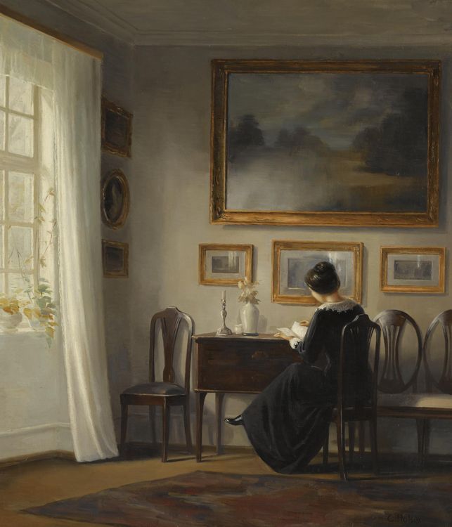 Lady Seated in a Drawing Room, vintage artwork by Carl Vilhelm Holsøe, 12x8" (A4) Poster