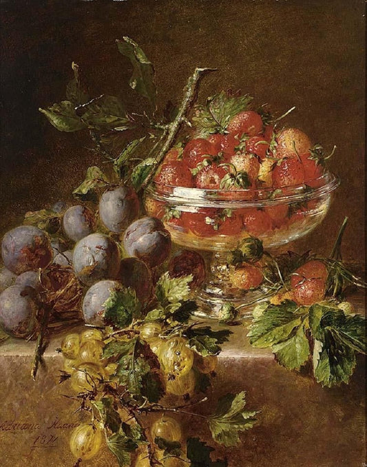 A still life with prunes, gooseberries and strawberries in a bowl, vintage artwork by Adriana Johanna Haanen, A3 (16x12") Poster Print