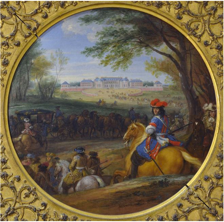 Arrival of Louis XIV with his guards in front in view of he old Castle of Versailles, vintage artwork by Adam Frans van der Meulen, 12x8" (A4) Poster