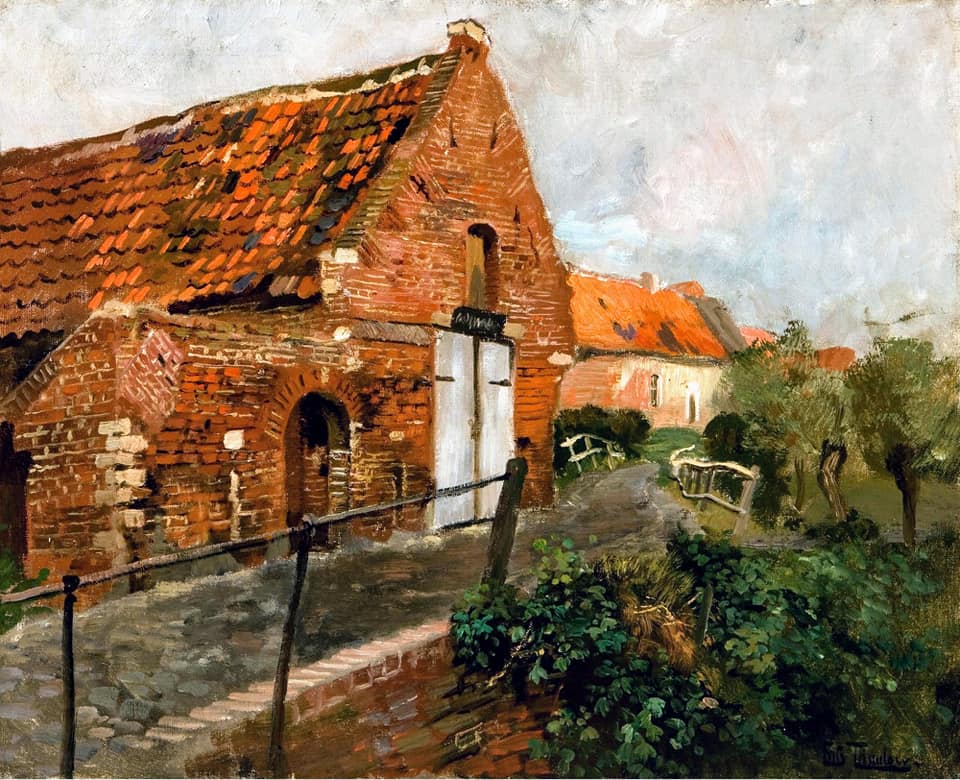 Masonry house with white gate, vintage artwork by Fritz Thaulow, 12x8" (A4) Poster