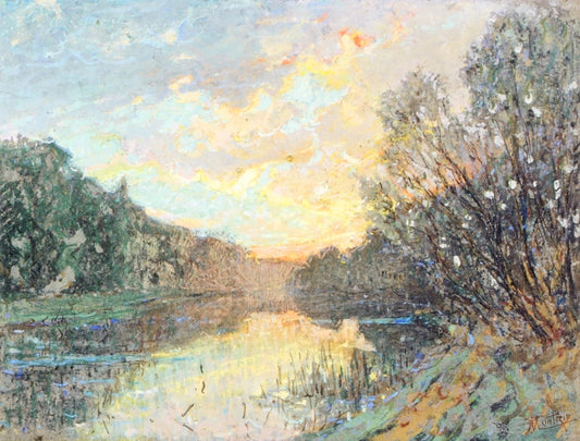 Banks of a River at Sunset, vintage artwork by Pierre-Eugène Montezin, 12x8" (A4) Poster