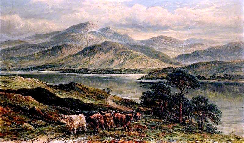 Highland Landscape with a Cow Herder, vintage artwork by William Langley, 12x8" (A4) Poster