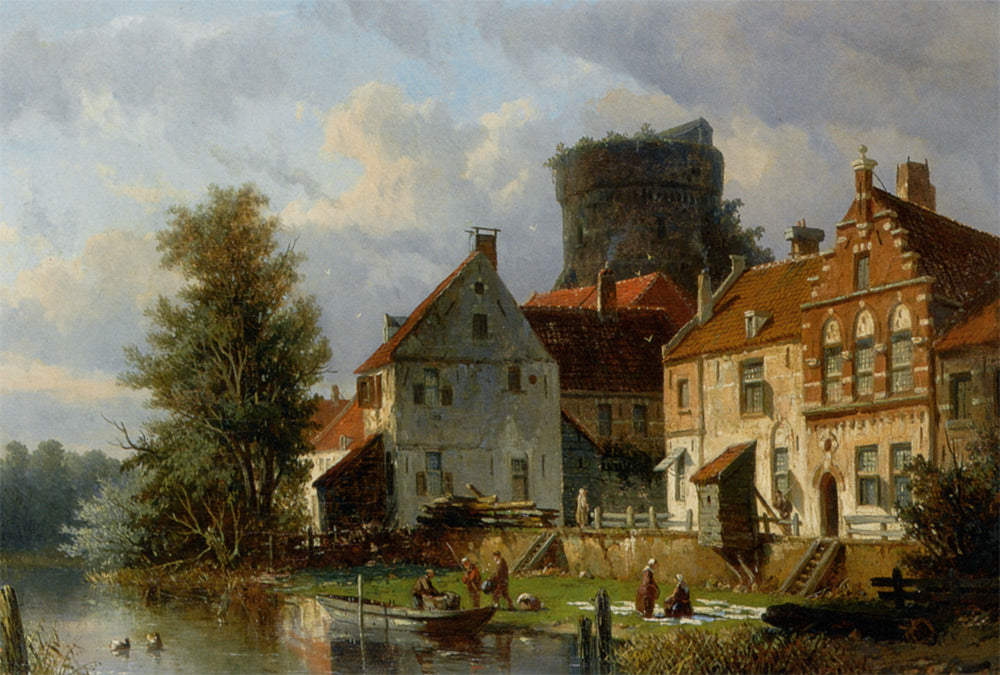 Figures in a Waterfront Town, vintage artwork by Adrianus Eversen, A3 (16x12") Poster Print