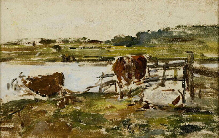 Barrière près d’une mare avec deux vaches (Fence near a Pond with Two Cows), vintage artwork by Eugène-Louis Boudin, 12x8" (A4) Poster