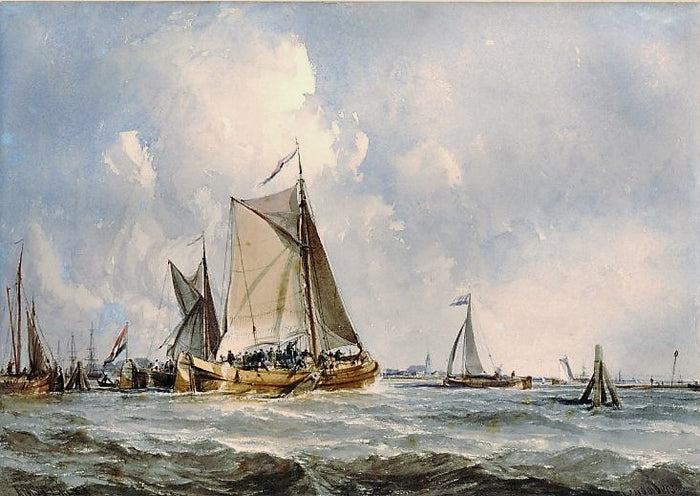 A boat scene off Amsterdam, vintage artwork by George Paul Chambers, Sr., A3 (16x12