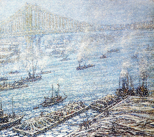 East River, New York, Winter, vintage artwork by Frederick Usher De Voll, 12x8" (A4) Poster