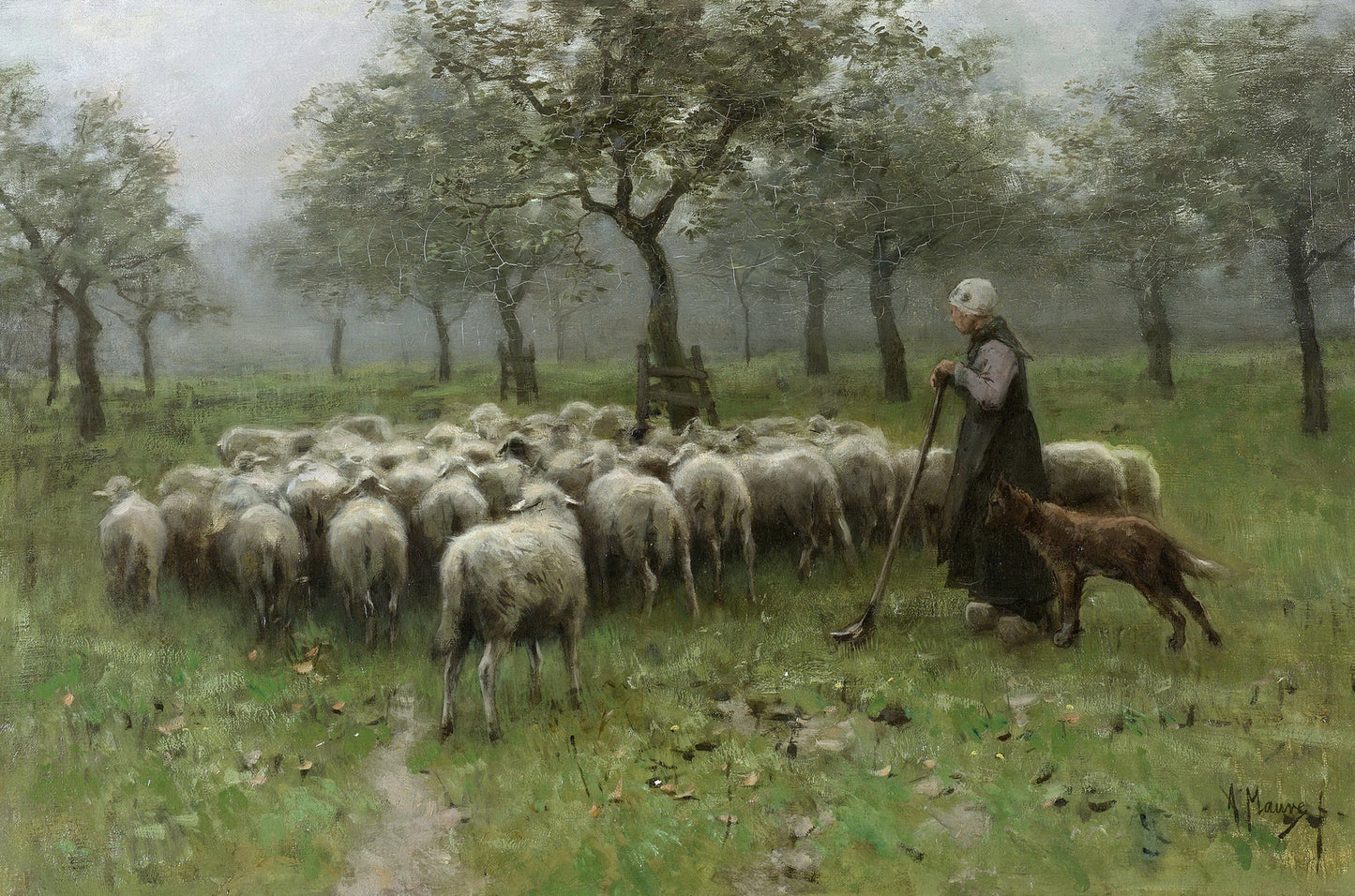 Shepherdess with Flock of Sheep, vintage artwork by Anton Mauve, 12x8" (A4) Poster
