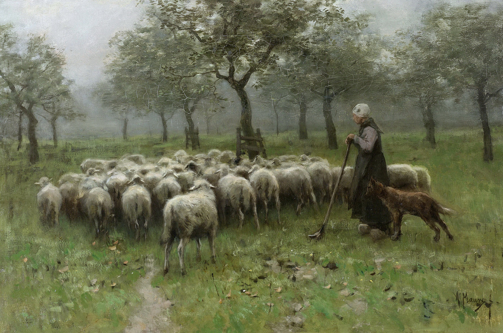 Shepherdess with Flock of Sheep, vintage artwork by Anton Mauve, 12x8" (A4) Poster