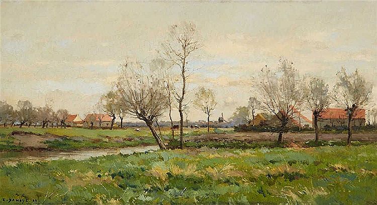 Willow by  a stream, vintage artwork by Pierre-Emmanuel Damoye, 12x8" (A4) Poster