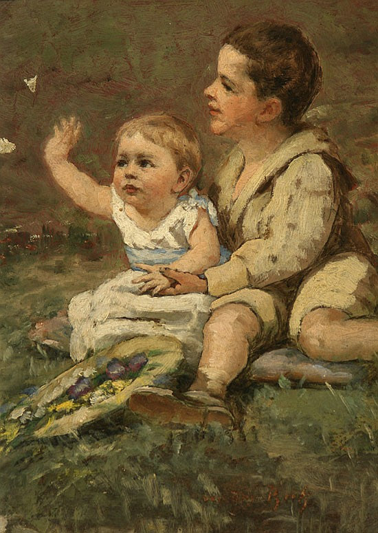 Catching the Butterflies, vintage artwork by Theodor van der Beek, 12x8" (A4) Poster