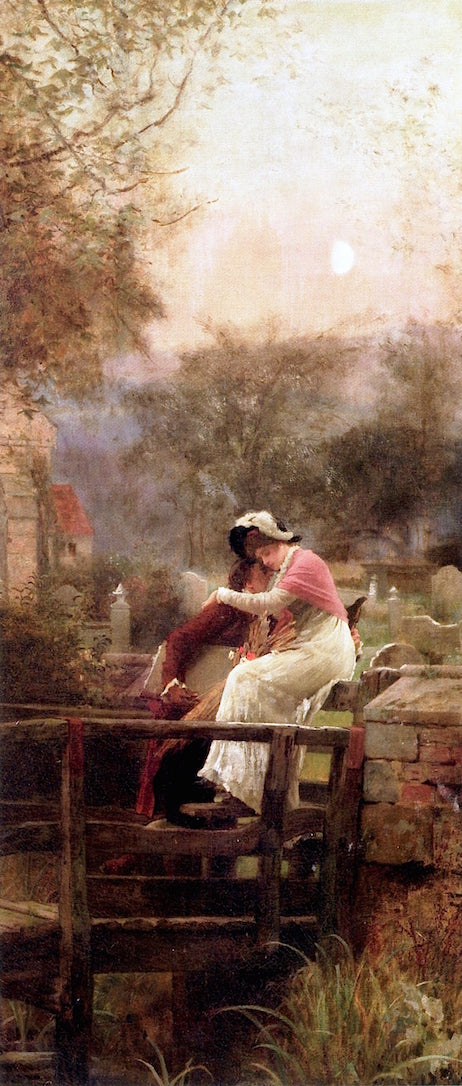 Lovers Embracing by  Moonlight, vintage artwork by Marcus Stone, 12x8" (A4) Poster
