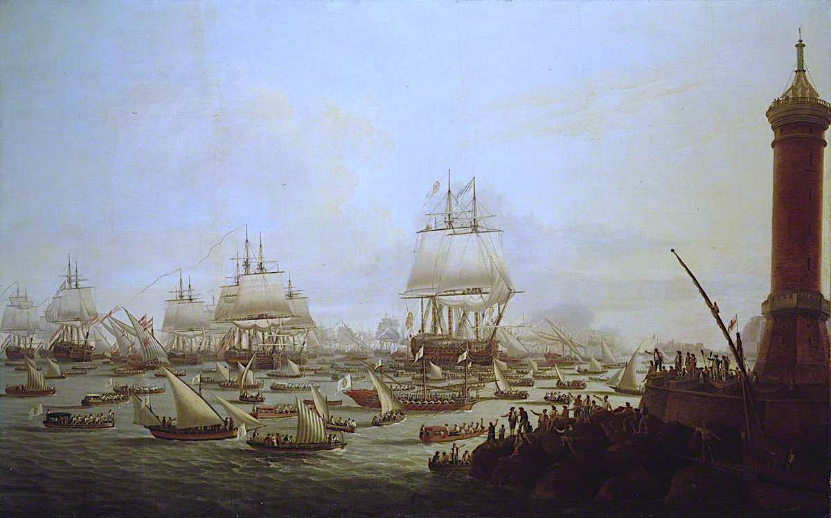 Arrival of Their Sicilian Majesties at Naples, 12 October 1785, vintage artwork by Dominic Serres, 12x8" (A4) Poster