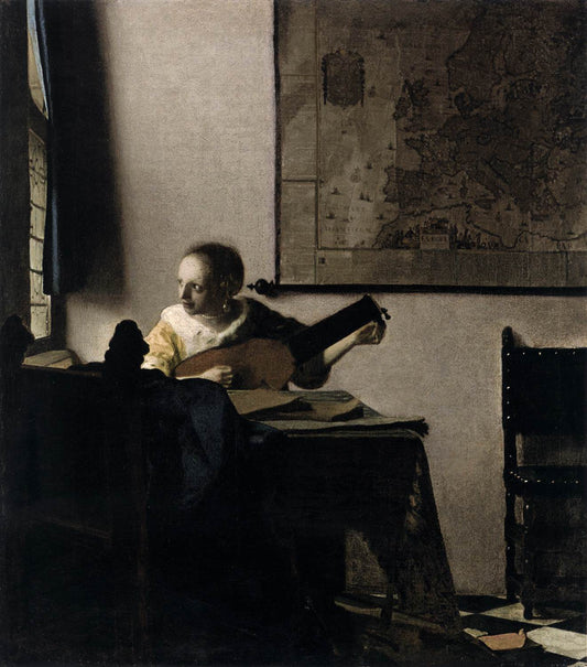Woman with a Lute near a Window, vintage artwork by Johannes Vermeer, 12x8" (A4) Poster