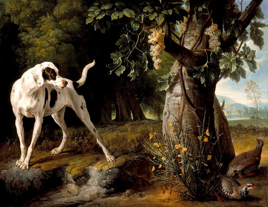 Landscape with a Dog and Partridges, vintage artwork by François Desportes, 12x8" (A4) Poster