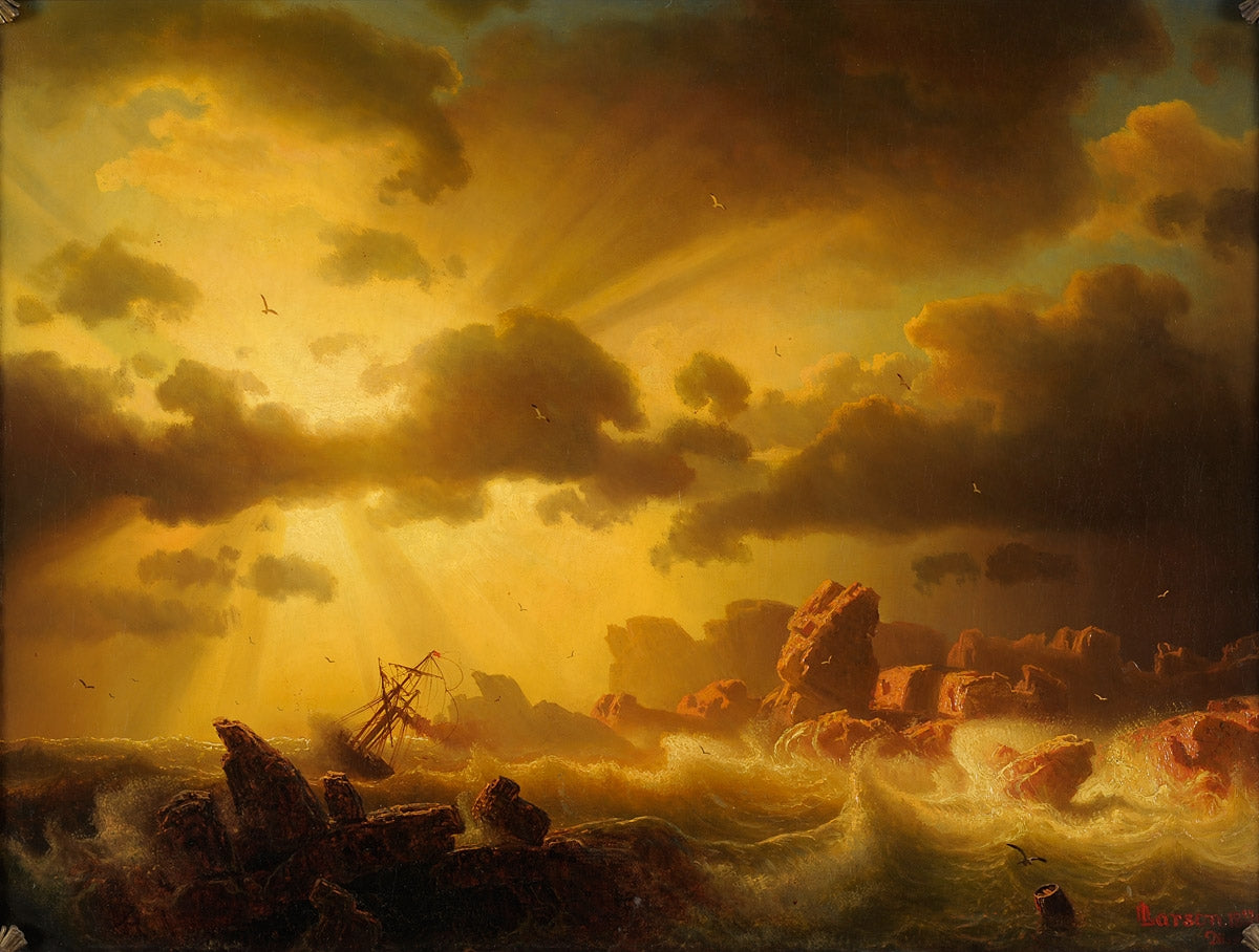 Stormy coastal scene with frigate, vintage artwork by Marcus Larson, 12x8" (A4) Poster