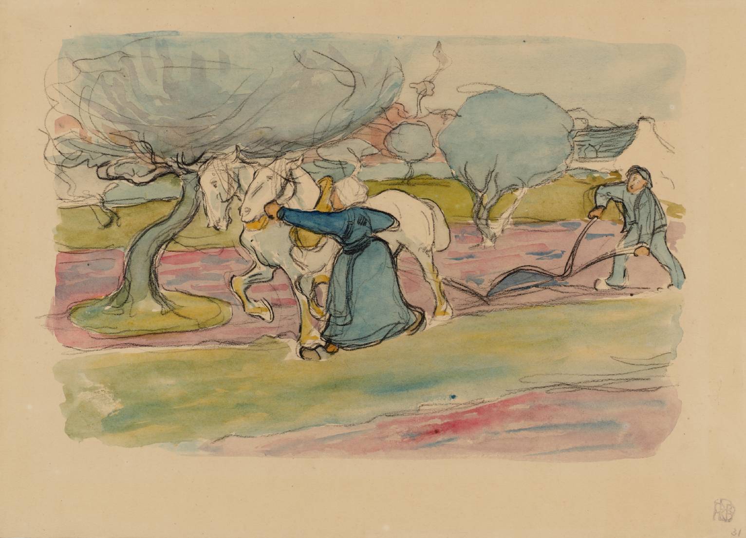 Ploughing in Brittany, vintage artwork by Robert Bevan, 12x8" (A4) Poster