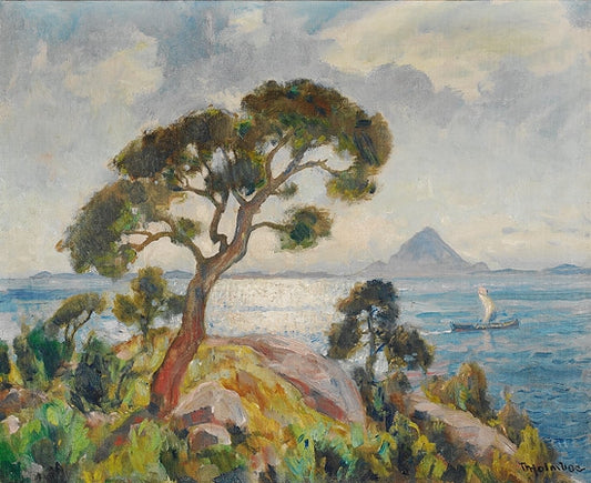 Coastal Landscape with Sailing Boat, vintage artwork by Thorolf Holmboe, 12x8" (A4) Poster