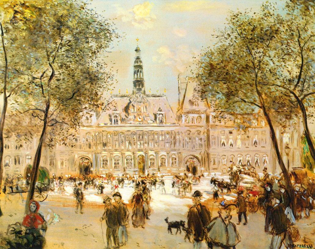The Place de l'Hotel de Ville, vintage artwork by Jean-François Raffaëlli, 12x8" (A4) Poster