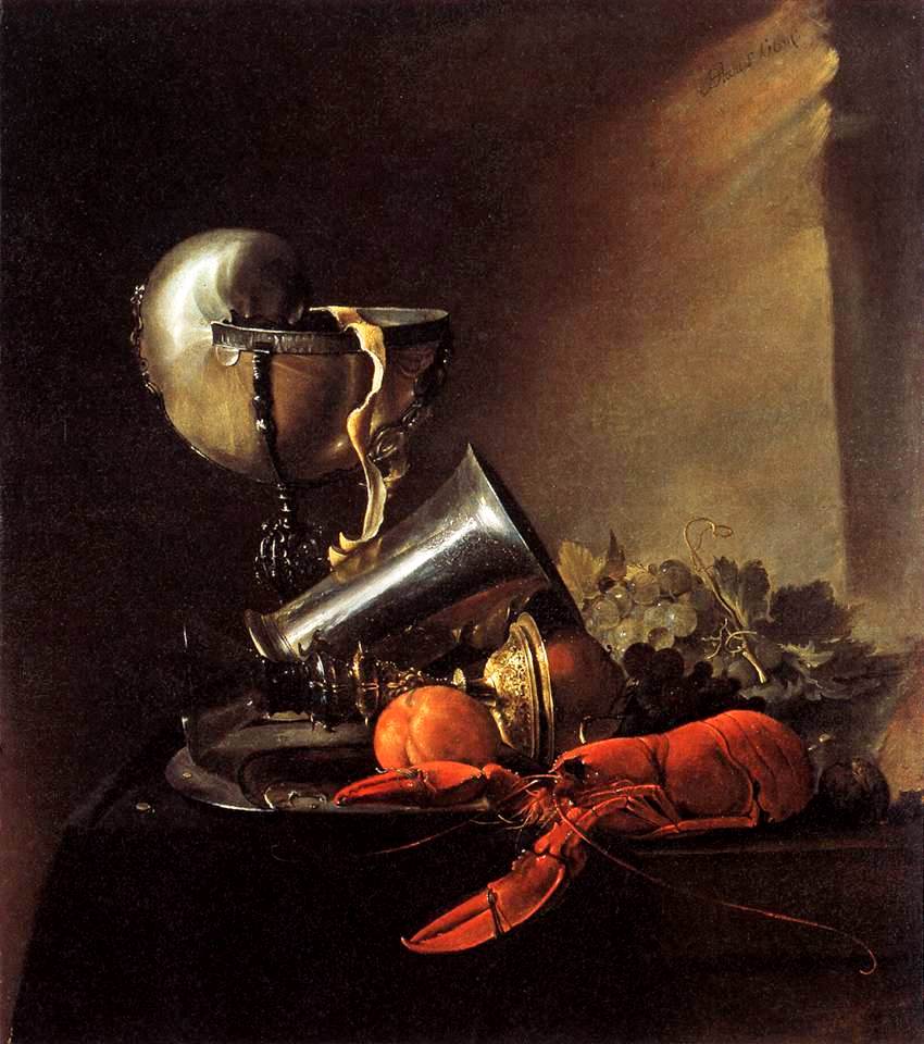 Still-Life with Lobster and Nautilus Cup, vintage artwork by Jan Davidsz. de Heem, 12x8" (A4) Poster