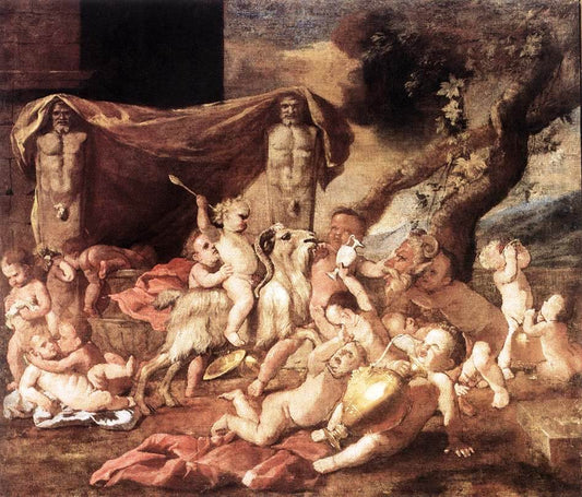 Bacchanal of Putti, vintage artwork by Nicolas Poussin, 12x8" (A4) Poster