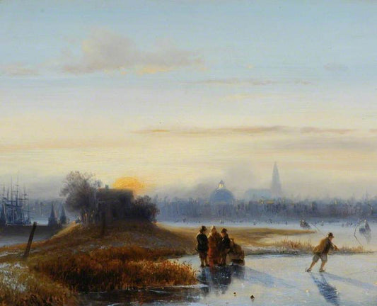 River Scene with Skaters, vintage artwork by Alexis de Leeuw, 12x8" (A4) Poster