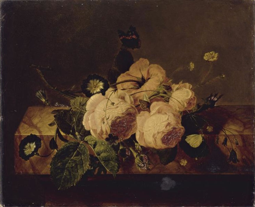 Roses and Butterflies, vintage artwork by Jan Frans van Dael, 12x8" (A4) Poster