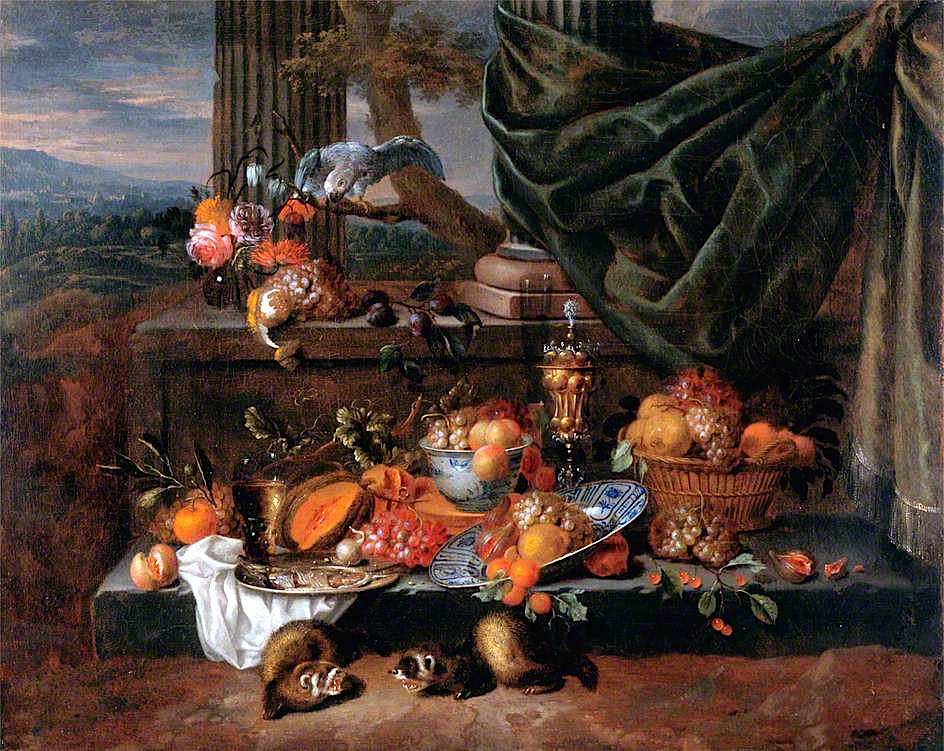 Still Life with Fruit, a Parrot and Polecat Ferrets, vintage artwork by Jan Pauwel Gillemans the Elder, 12x8" (A4) Poster