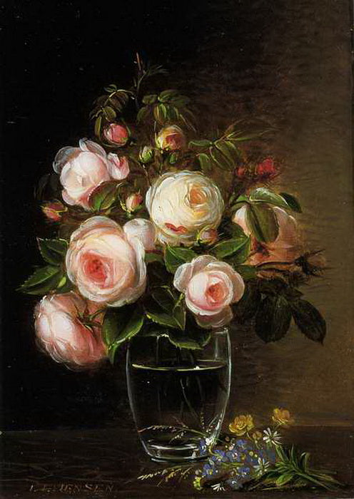 Roses in a glass vase with yellow buttercups, forget-me-nots and chickweed on a marble ledge, vintage artwork by Johan Laurentz (J.L.) Jensen, A3 (16x12") Poster Print