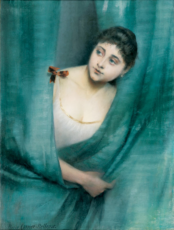 ung Woman behind the Blue Curtain by Pierre Carrier-Belleuse,A3(16x12")Poster