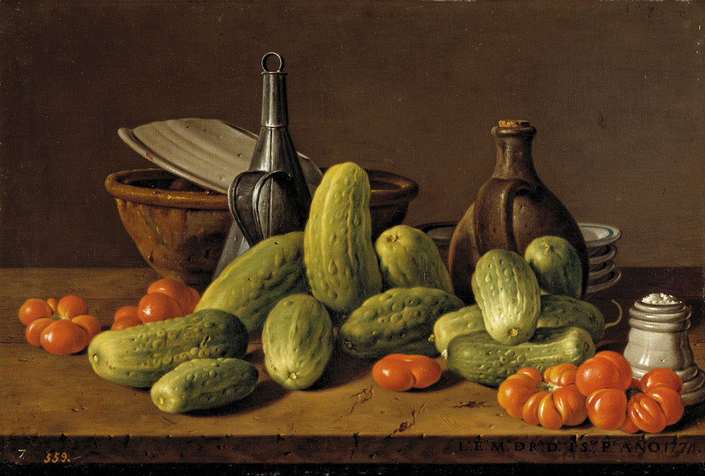 Still Life with Cucumbers, Tomatoes and Kitchen Utensils, vintage artwork by Luis Melendez, 12x8" (A4) Poster