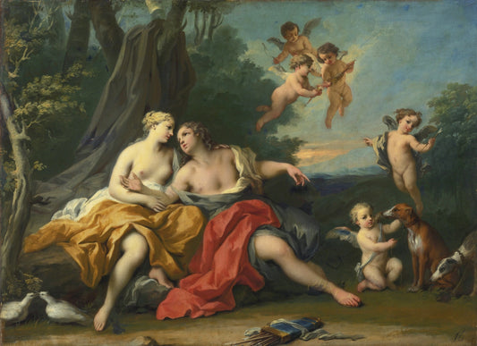 Venus and Adonis with Cupids, vintage artwork by Jacopo Amigoni, 12x8" (A4) Poster