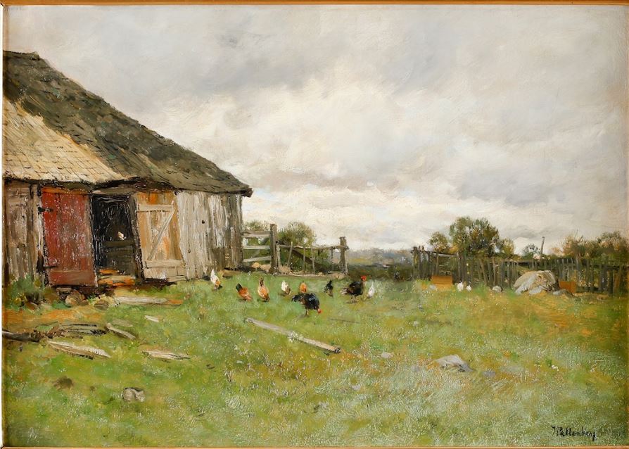 Farmyard with Chickens, vintage artwork by Anders Kallenberg, 12x8" (A4) Poster