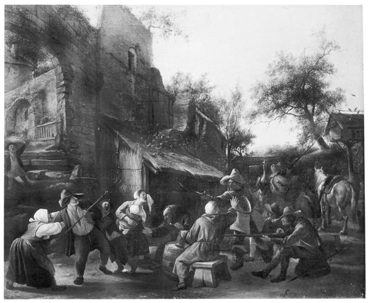 A Courtyard with Fighting Peasants, Monks and Soldiers, vintage artwork by Jan Havicksz. Steen, 12x8" (A4) Poster