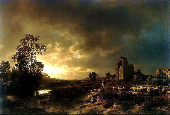Evening in the Campagna, vintage artwork by Oswald Achenbach, 12x8" (A4) Poster