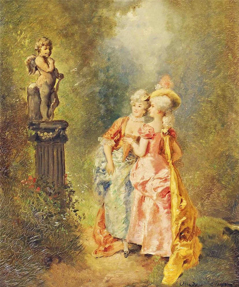 Young Women Admiring the Cupid, vintage artwork by Theodore Levigne, 12x8" (A4) Poster