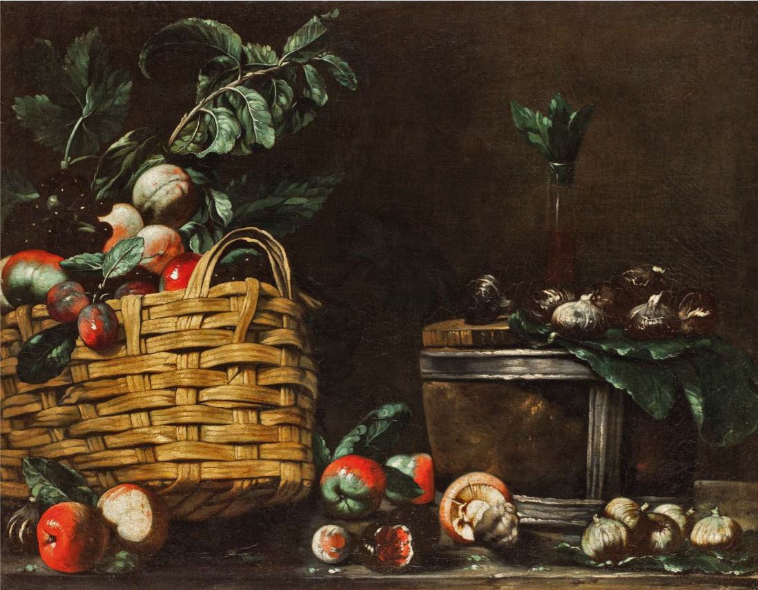 Still Life with a Basket of Fruit, a Bottle, Figs and Mushrooms, vintage artwork by Simon del Tintore, 12x8" (A4) Poster