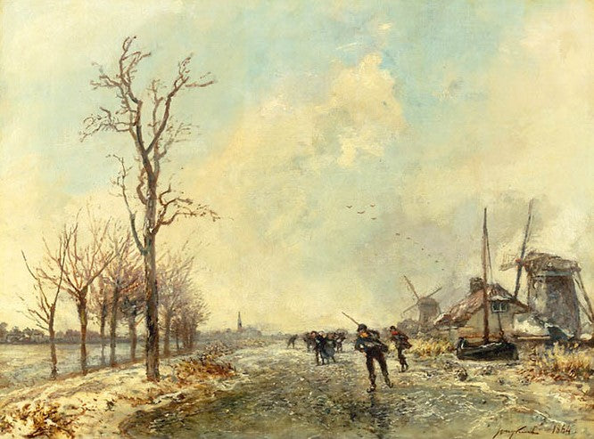 Dutch Skaters with Two Windmills, vintage artwork by Johan Barthold Jongkind, A3 (16x12") Poster Print
