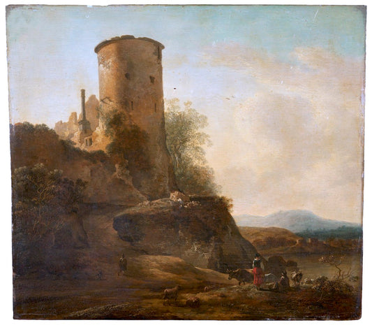 Italian Mountain Landscape with Castle Ruins, Animals and Figures, vintage artwork by Adam Pynacker, 12x8" (A4) Poster