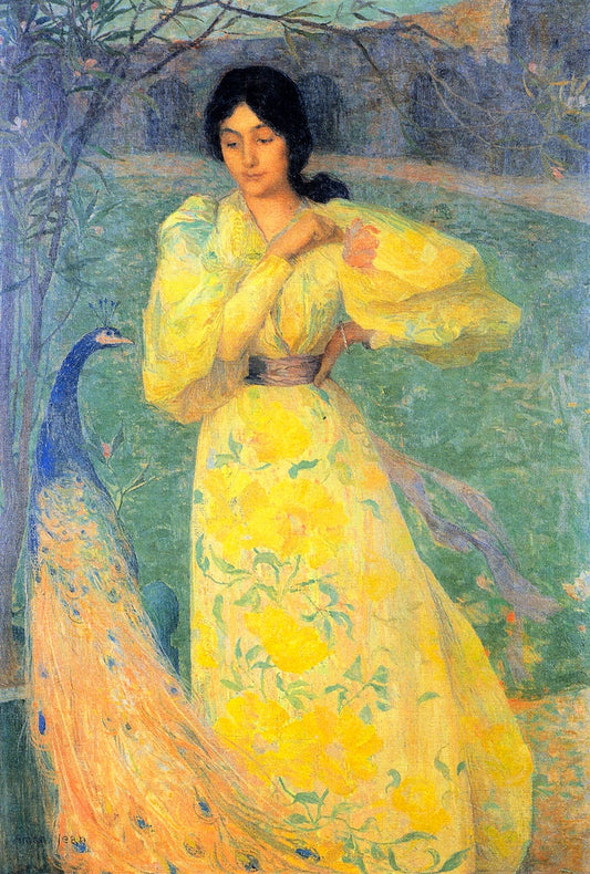 Woman with Peacock, vintage artwork by Edmond-François Aman-Jean, 12x8" (A4) Poster