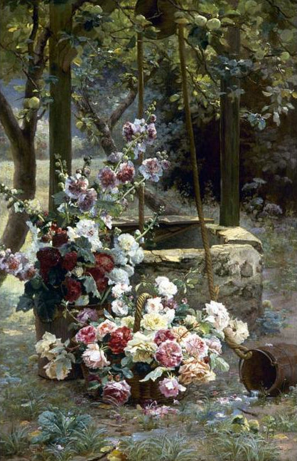 Fleurs près d'un puits, vintage artwork by Henri Biva, 12x8" (A4) Poster