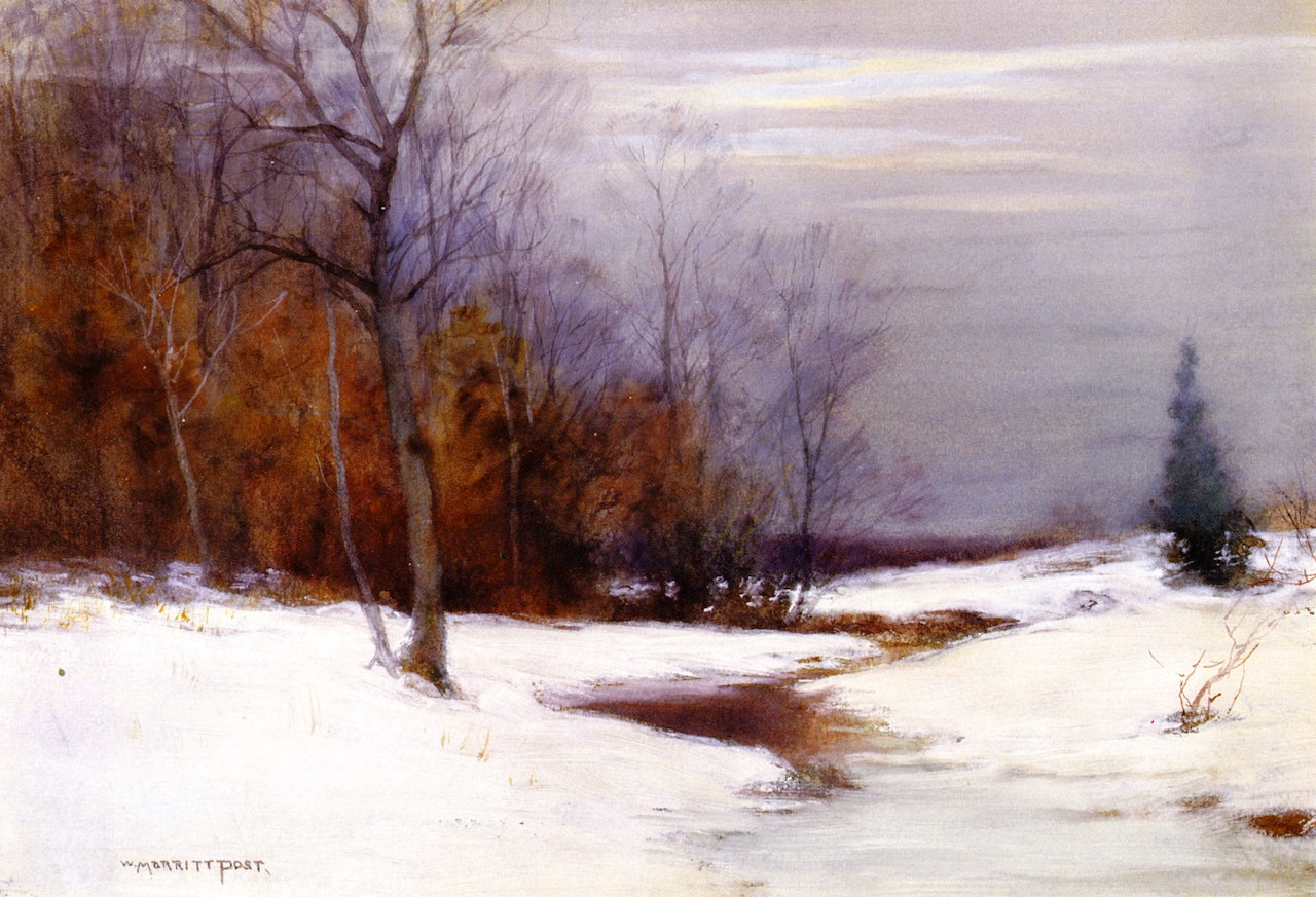 Stream in Winter, vintage artwork by William Merritt Post, 12x8" (A4) Poster
