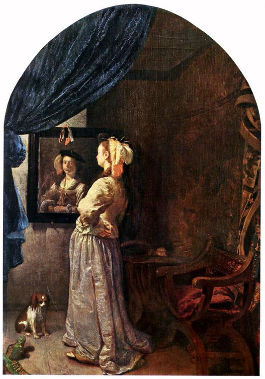 Woman Before the Mirror, vintage artwork by Frans van Mieris the Elder, 12x8" (A4) Poster